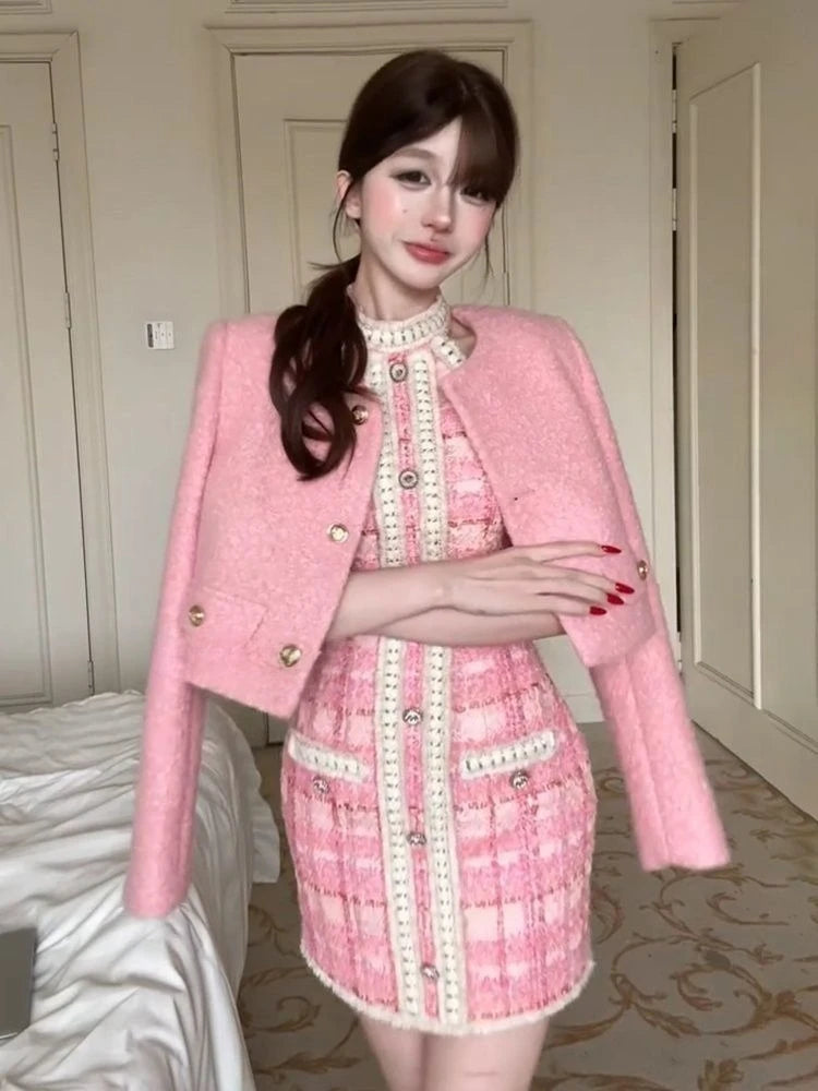 Winter Korean Fashion Women's Two Pieces Set Pink French Elegant Retro Office Lady Slimming Tweed Suit Set Blazer and Skirt Set