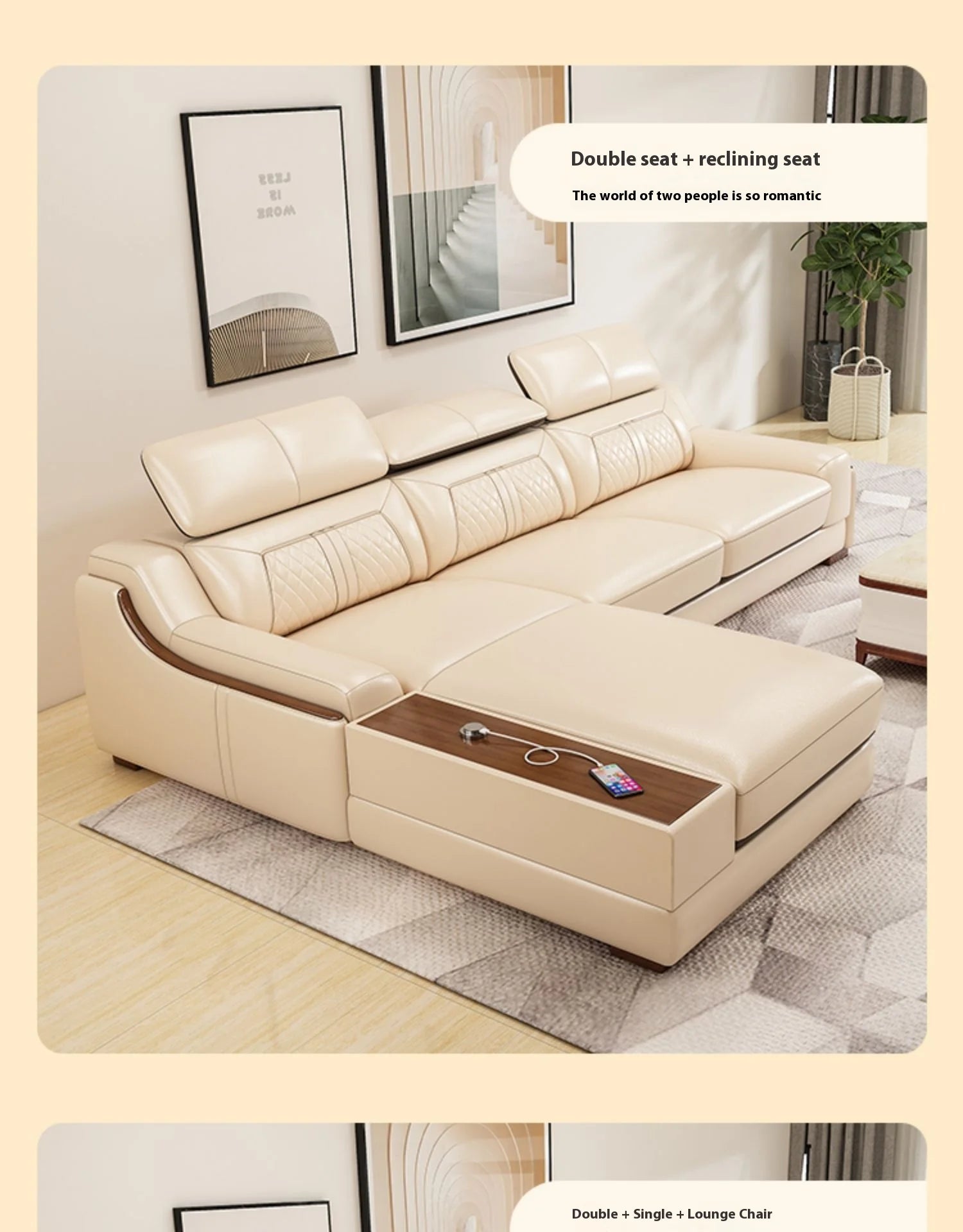 Stylish Italian Genuine Leather Sofa for Living Room with Cup Holder, USB, Adjustable Headrests & Bluetooth Speaker -...