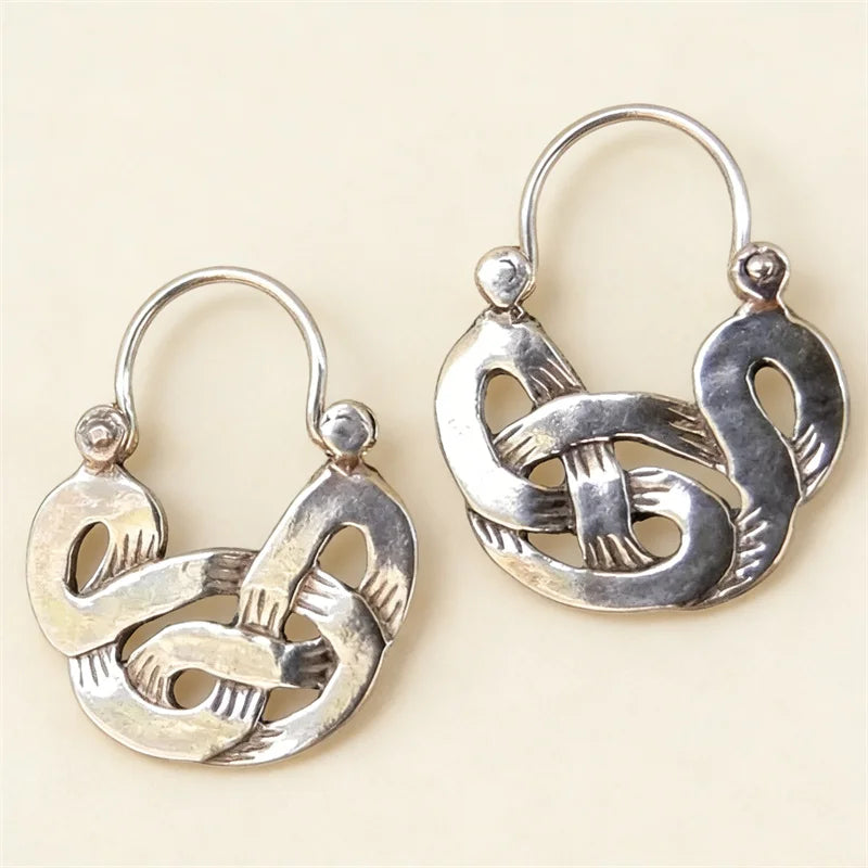 Ethnic Metal Silver Color Geometric Distortion Hoop Earrings for Women Vintage Personality Hollow Earrings Accessories