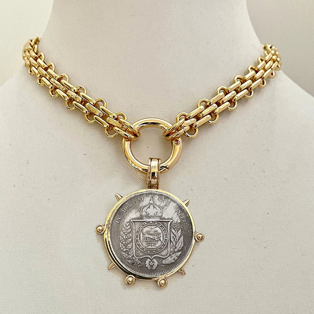 2025 chunky layer Jewelry Luxurious imitation grey pearl exaggerate coin charm pendant Clasps Carabiner Necklace...