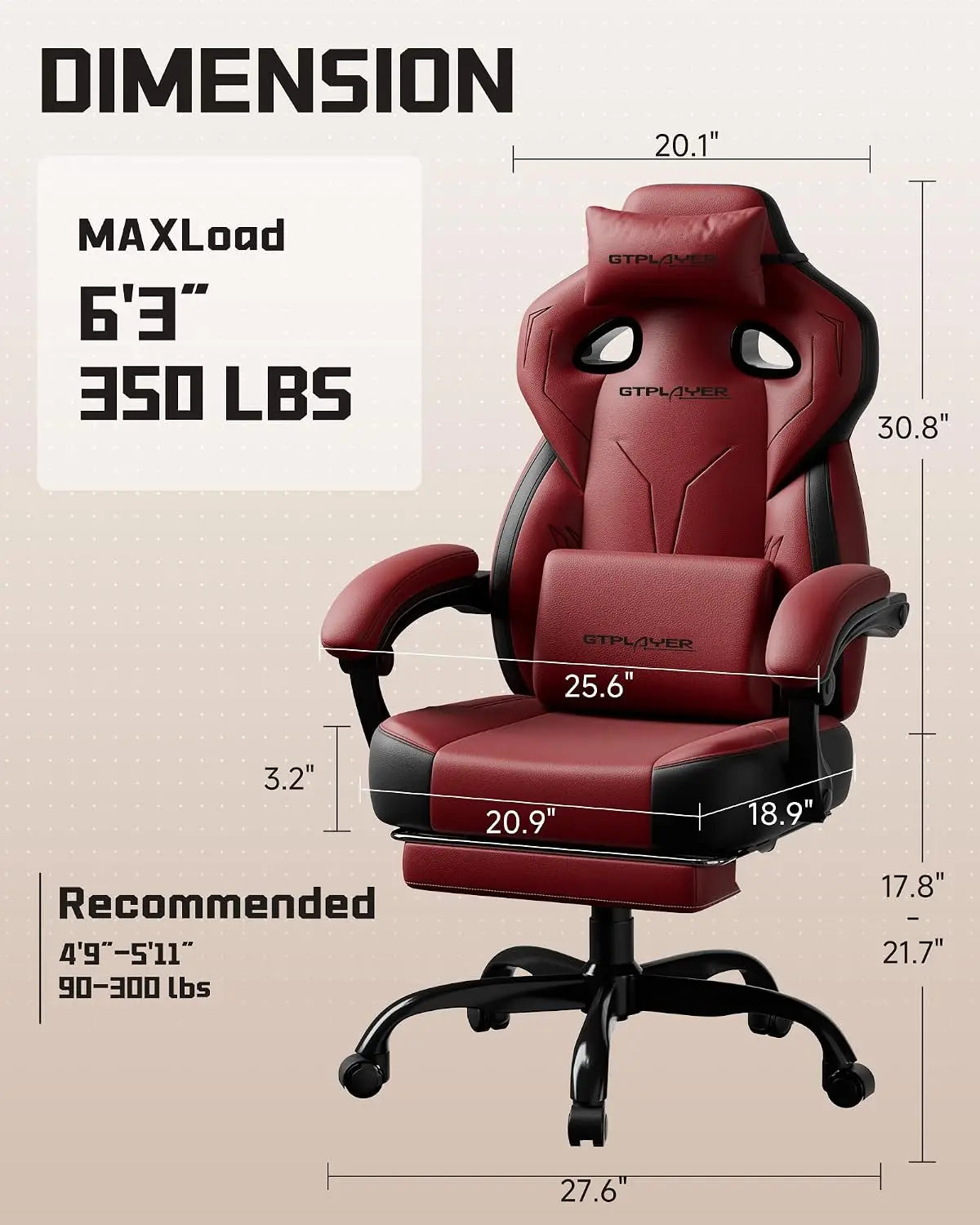 GTPLAYER Ergonomic Gaming Chair, High Back with Footrest, Wide Seat, Lumbar Support, Wine Red | Kimlud Gaming Luxury Chair