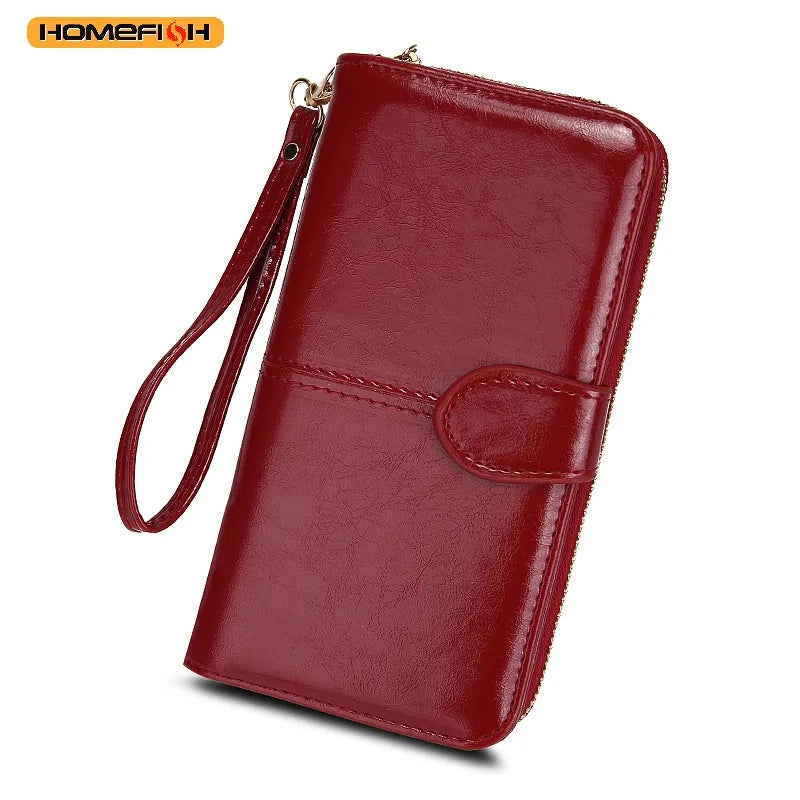 HOMEFISH Vintage Oil Wax PU Leather Clutch Wallet Large Capacity Phone Purse Ladies Wristband Simple Card Holder Pouch Bag