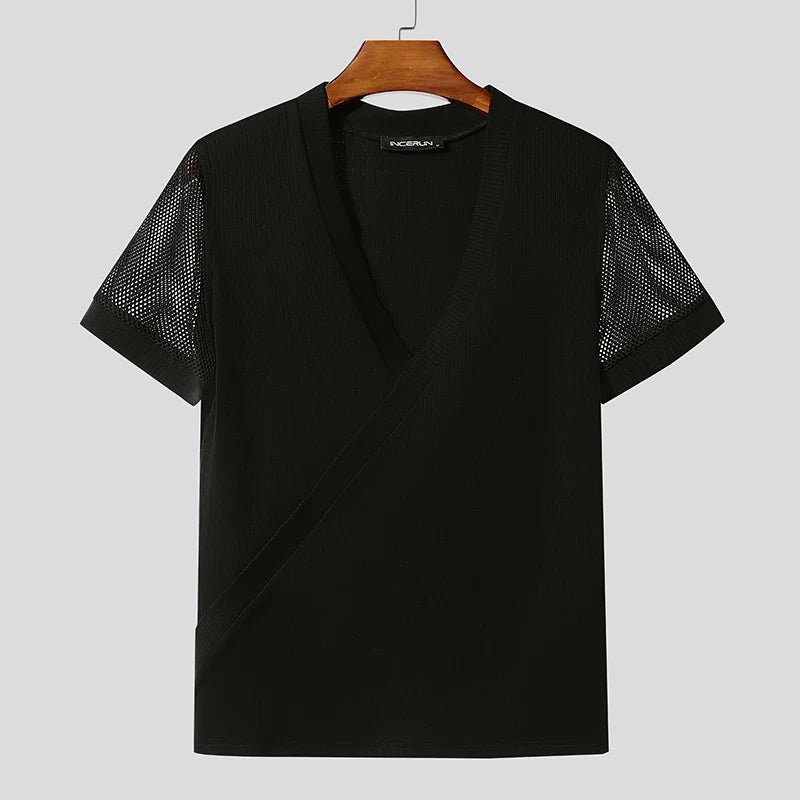 INCERUN Men T Shirt Mesh Patchwork V Neck Short Sleeve Male Tee Tops Summer Streetwear 2025 Fashion Casual Men Clothing S-5XL - Kimlud