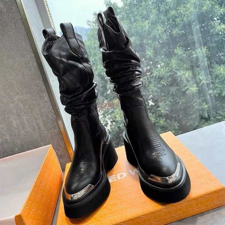 women heightened same thick-soled knight western cowboy 2026 temperament elastic stacking boots - Kimlud