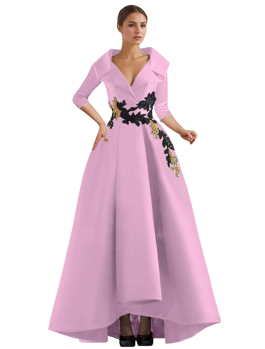 Elegant Vintage Evening Dresses Women V-neck Three Quarter Sleeves A-line Party Gowns With Appliques & Pockets Irregular Ruffles