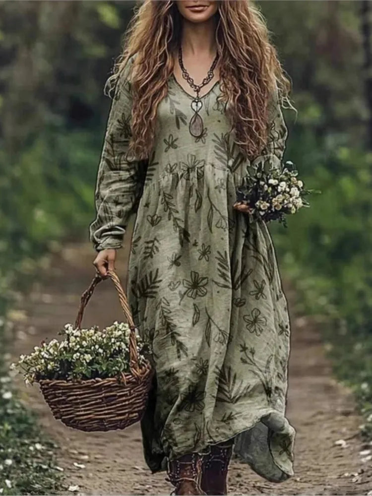 Boho Vintage Print Long Dresses For Women 2025 Casual V Neck Full Sleeve Splice High Waist Loose Dress Autumn Fashion Vestidos - Kimlud