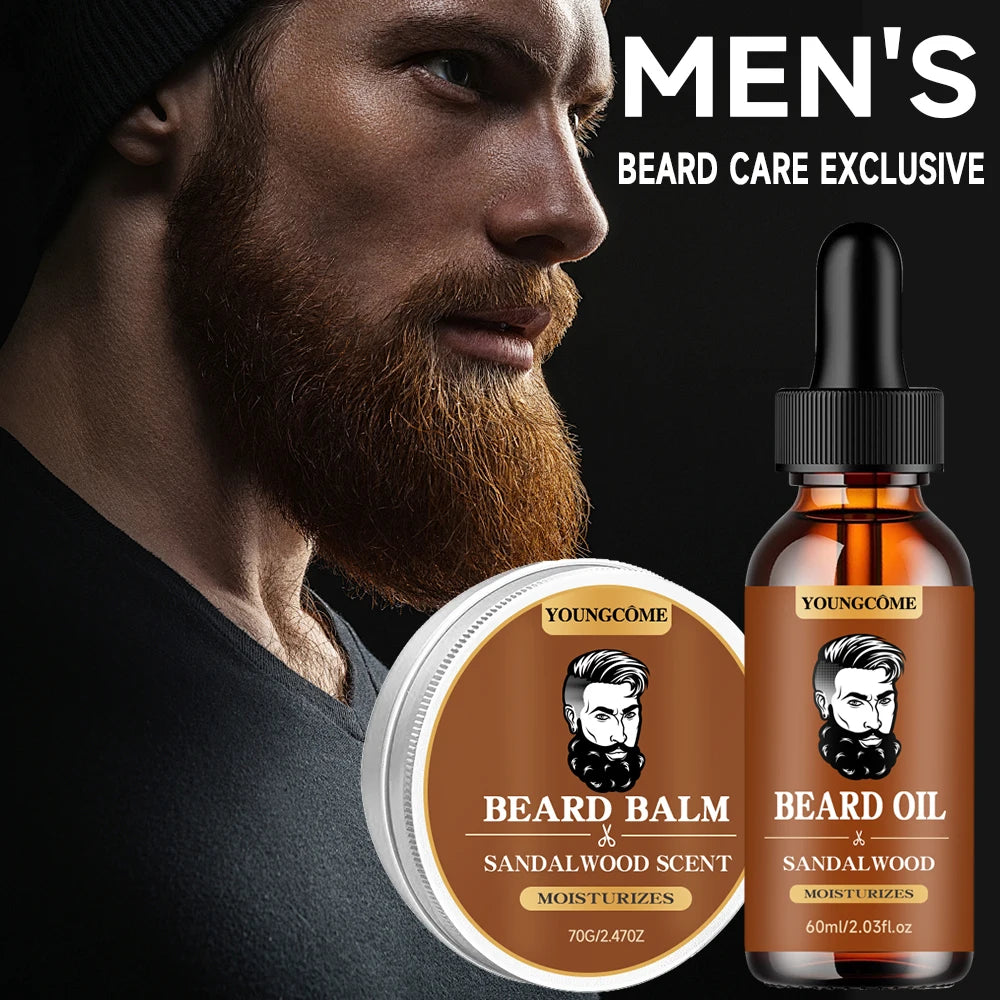 Organic Beard Growth Oil & Sandalwood Balm 1/2/4 Set-24H Nourishing, No Flakes, Men's Grooming Kit with Argan Oil &...