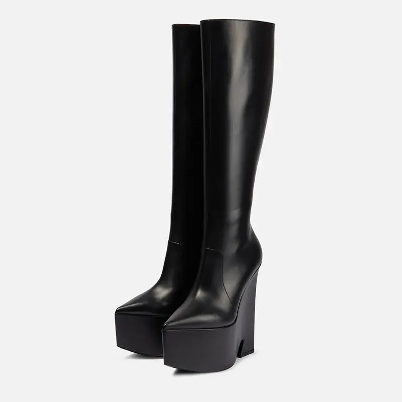2025 New black platform knee high boots fashion Pointed toe skinny calf knee high boots Side zipper Riding boots