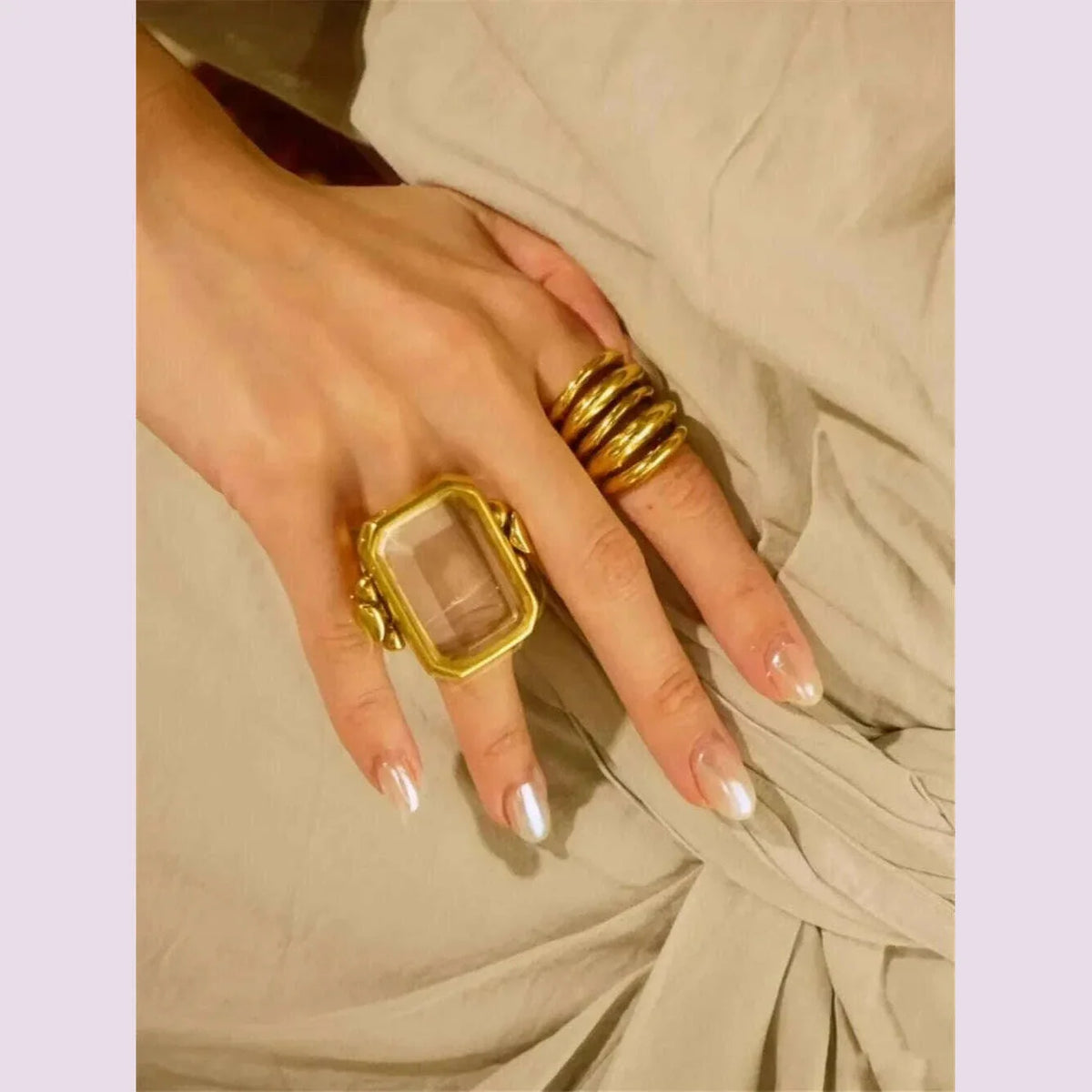 Fashion Square Natural Stone Crystal Ring Gold Color Metal for Women Brass Jewelry 2024 Light Luxury European And American