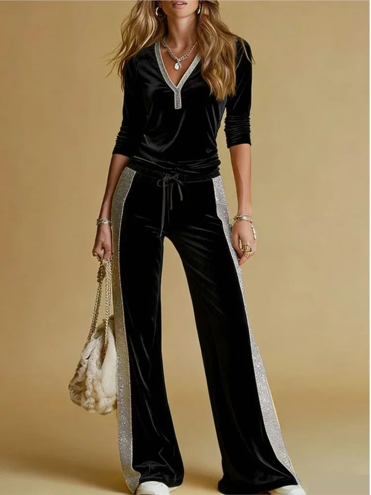 Spring Autumn Women's Fashion Velvet Pants 2-Piece Set Spliced V Neck Long Sleeve Elastic Waist Tie Casual Sports Pants Suit - Kimlud