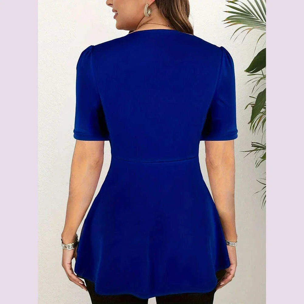 Fashion Women Plus Size Elegant Short Sleeve T shirt V-Neck Ruched Sexy Office Lady Casual Slim Summer Casual Fashion Tee Tops
