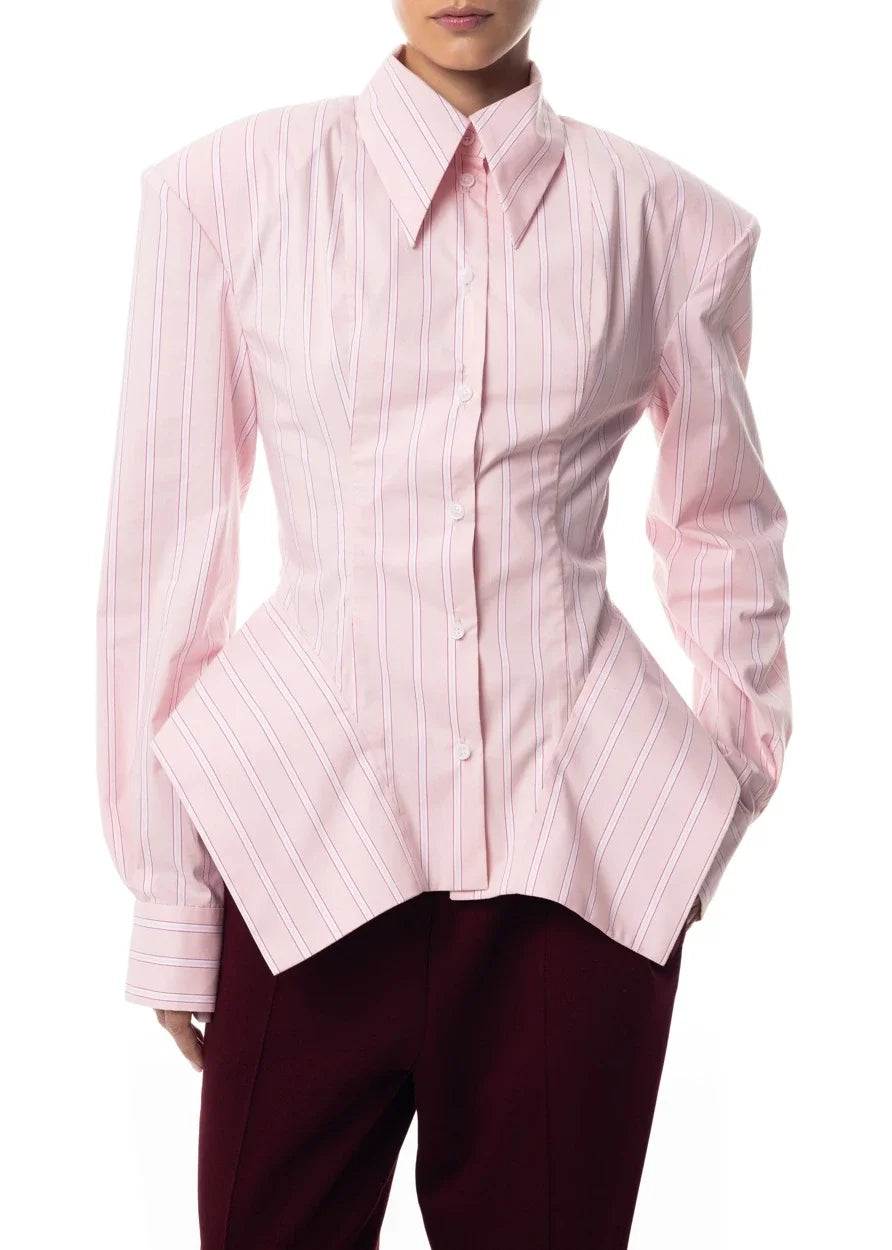 Women's Collar Striped Shirt with Asymmetrical Hem and Waist Cinching 2026 Spring summer Fashionable Casual Office...