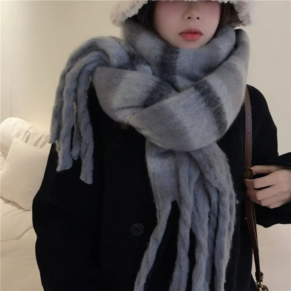 New Warm Winter Cashmere Scarf Stripe Pattern Mohair Long Tassel Scarves Plaid Soft Thickened Shawl Wrap Women | Kimlud...