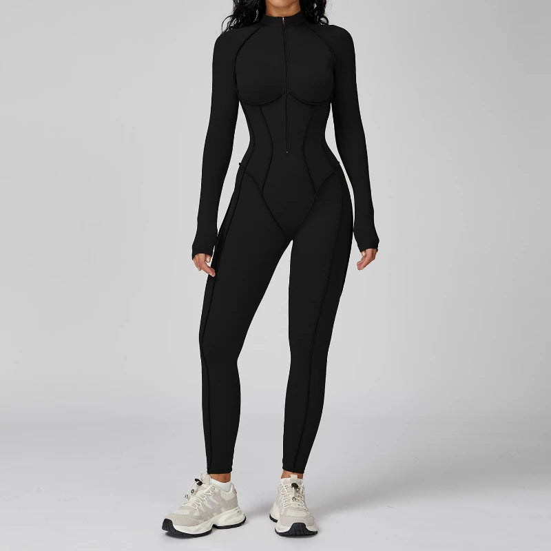 Yoga Bodysuit Long Sleeved Women's Tracksuits Gym Zipper Jumpsuits Sports Workout High-intensity Fitness One-piece Tights Suit - Kimlud