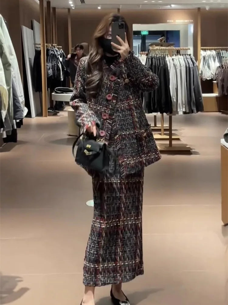 Winter new women fashion high-end temperament coarse weave small fragrance style coat+half skirt elegant two piece set |...