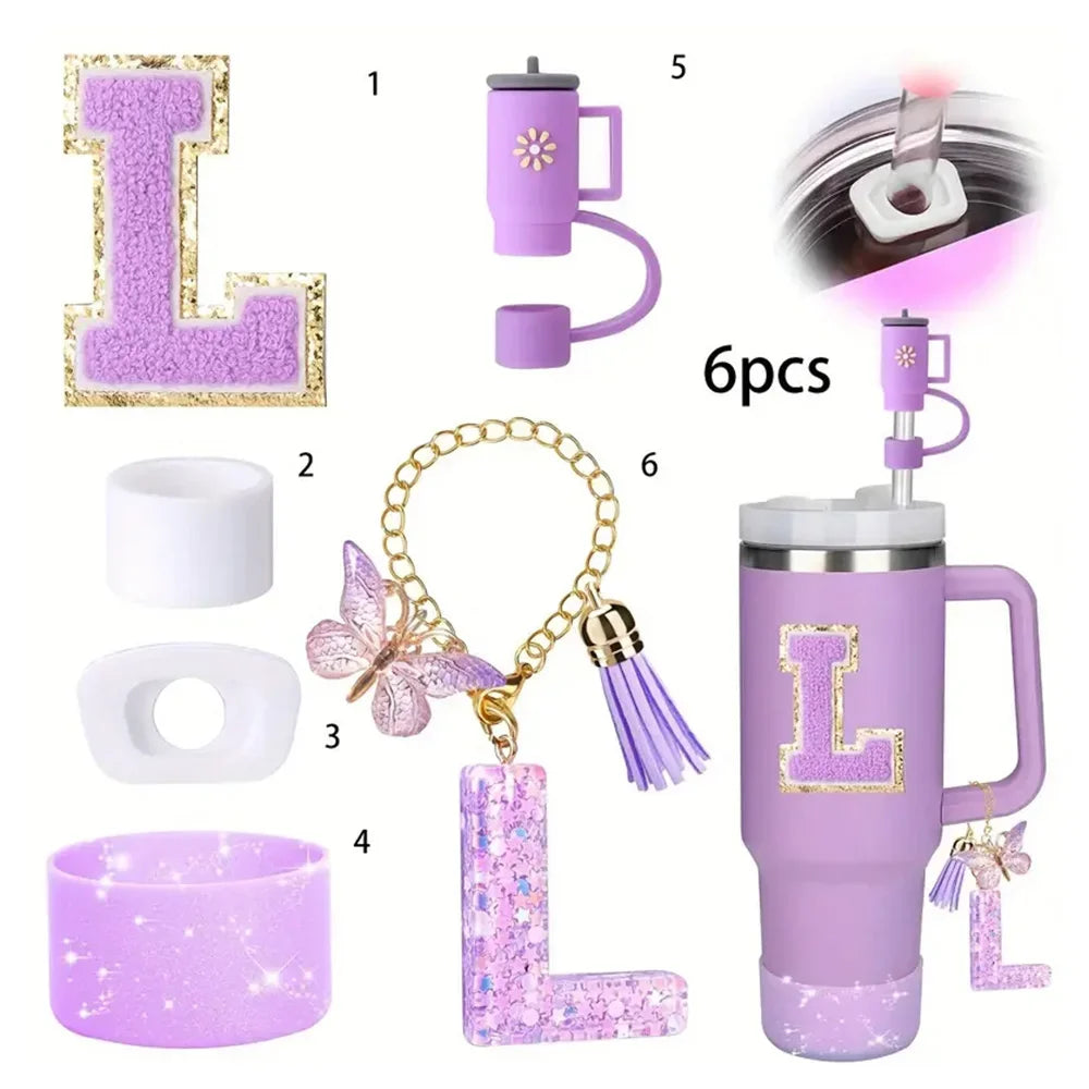 6 in 1 Cup Accessorie Set for Stanley Cup 40oz Tumbler Including Purple Silicone Straw Topper Boot Leak-proof Stopper Decoration