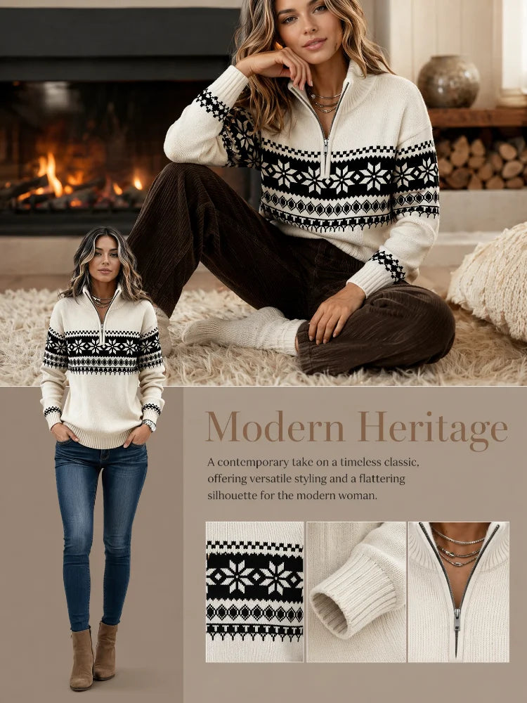 Women Snowflake Fair Isle Jacquard Half Zip Mock Neck Sweater Cream White Long Sleeve Ribbed Cuff Warm Knit Pullover |...