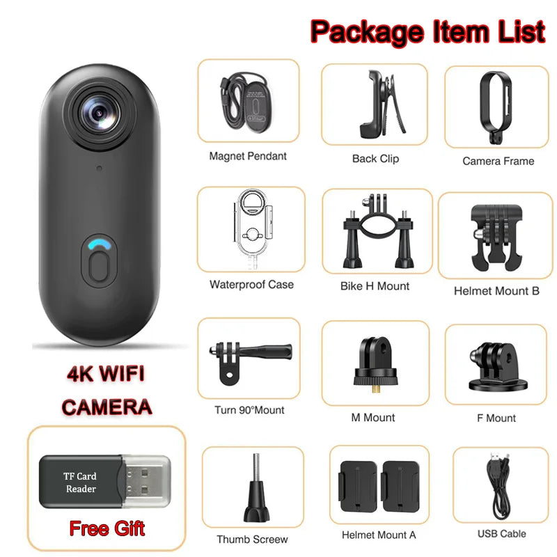 Pocket 4K Mini Camera Magnetic Wearable Cam with Waterproof Shell WiFi Bike Motorcycle Camera Friendly for Casual Cycling Vlog