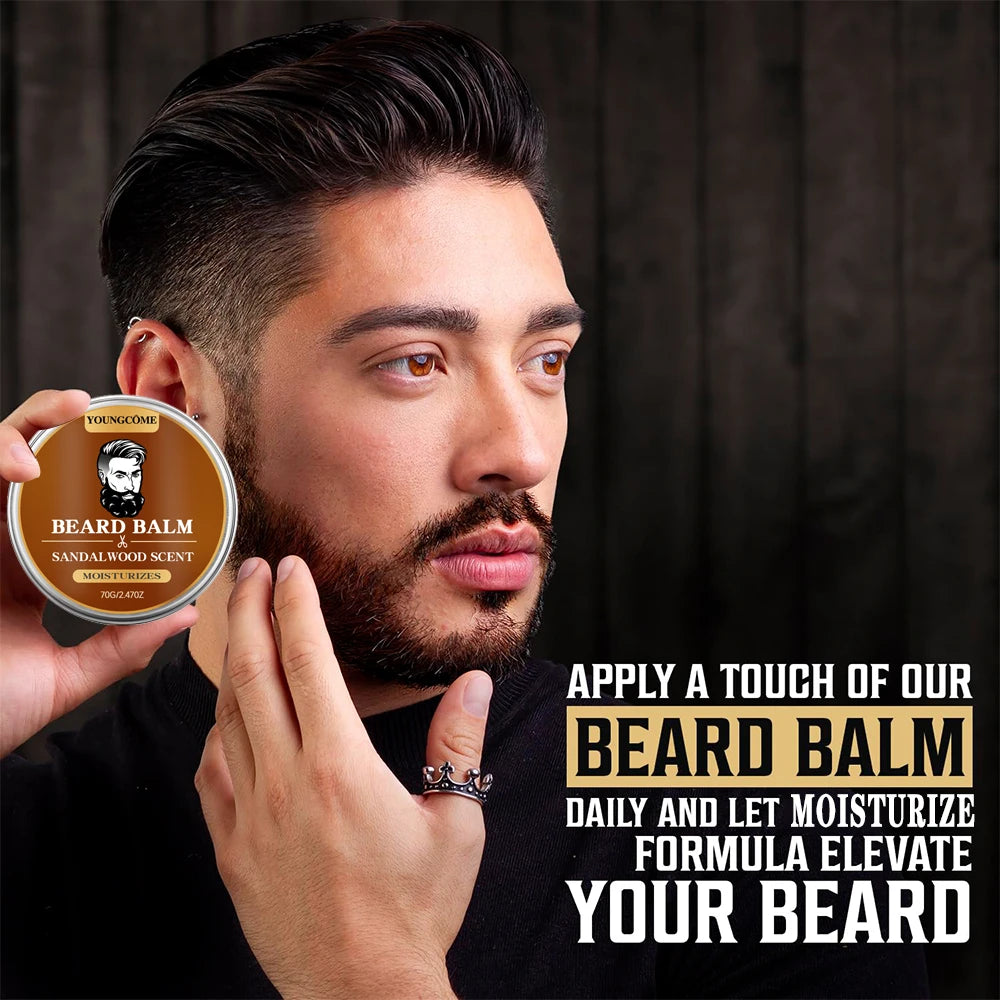 Organic Beard Growth Oil & Sandalwood Balm 1/2/4 Set-24H Nourishing, No Flakes, Men's Grooming Kit with Argan Oil &...