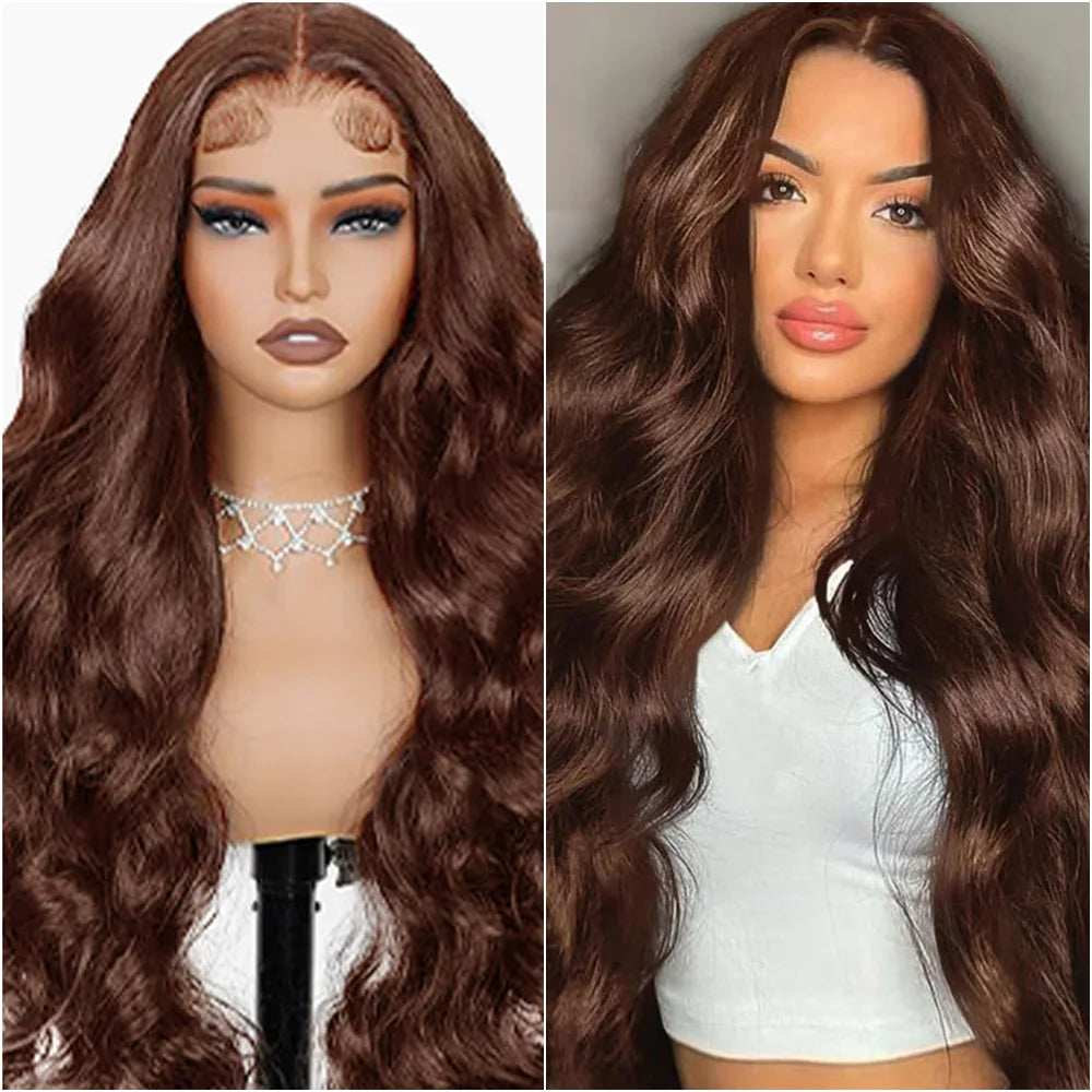 36 Inch Chocolate Brown Body Wave HD Lace Front Human Hair Wig Brazilian 13x6 Lace Frontal Wigs Preplucked for Women 200 Density