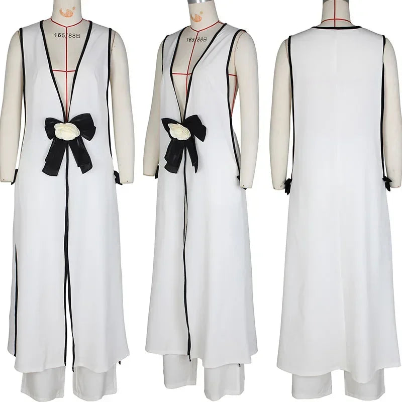 Bow Tie Appliques V-neck Sleeveless Long Top and Wide Leg Pants Matching Sets Women Two Piece Set Elegant Vintage Club Outfits - Kimlud