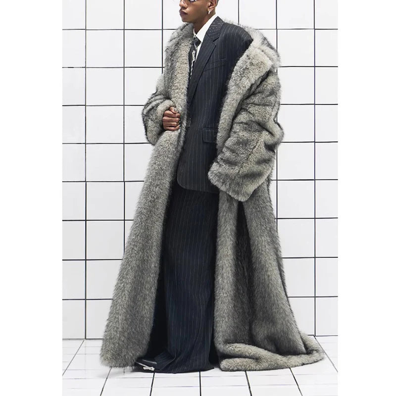 New men's fur coat, fox fur lapels, long trendy overcoat, winter windproof and warm trench coat, large size | Kimlud...