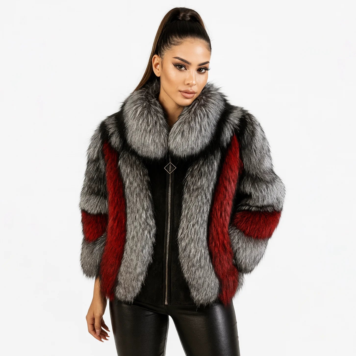 Women's Real Red Fox Fur Jacket With Silver Fox Collar Coat Thick Warm and Fashionable in Winter 23A0616