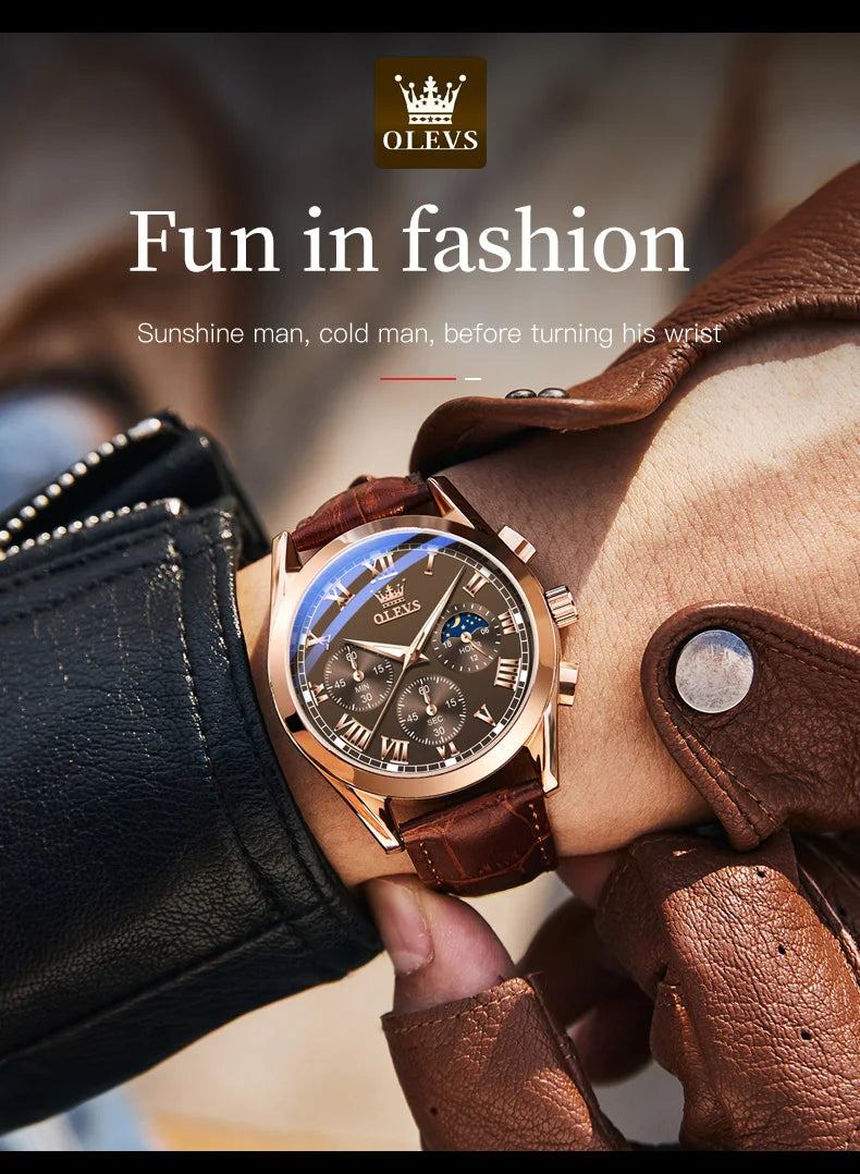 OLEVS 2871 Men Watch Original Brand Quartz Watch Multifunctional Chronograph Watch For Man Waterproof Luminous Moon...