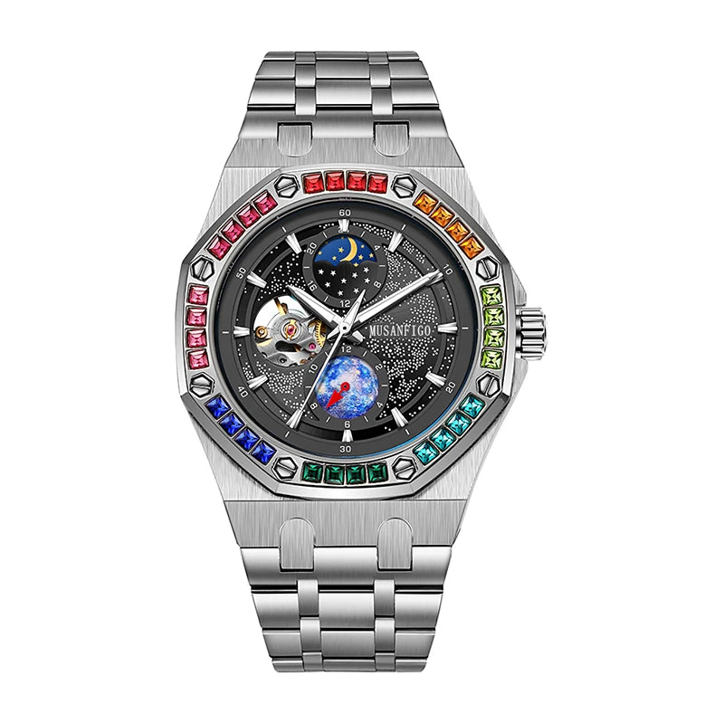 Men's fully automatic mechanical watch, night glow, sun, moon, stars, hollowed out men's watc father's day gift