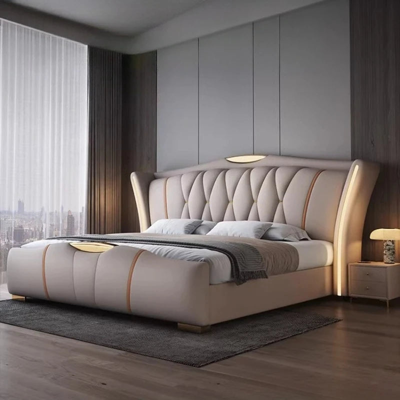 Home Leather bed with light modern minimalist lit 150x200 180x200 200x220 cm Double bed 2 people bedroom beds frames Furniture