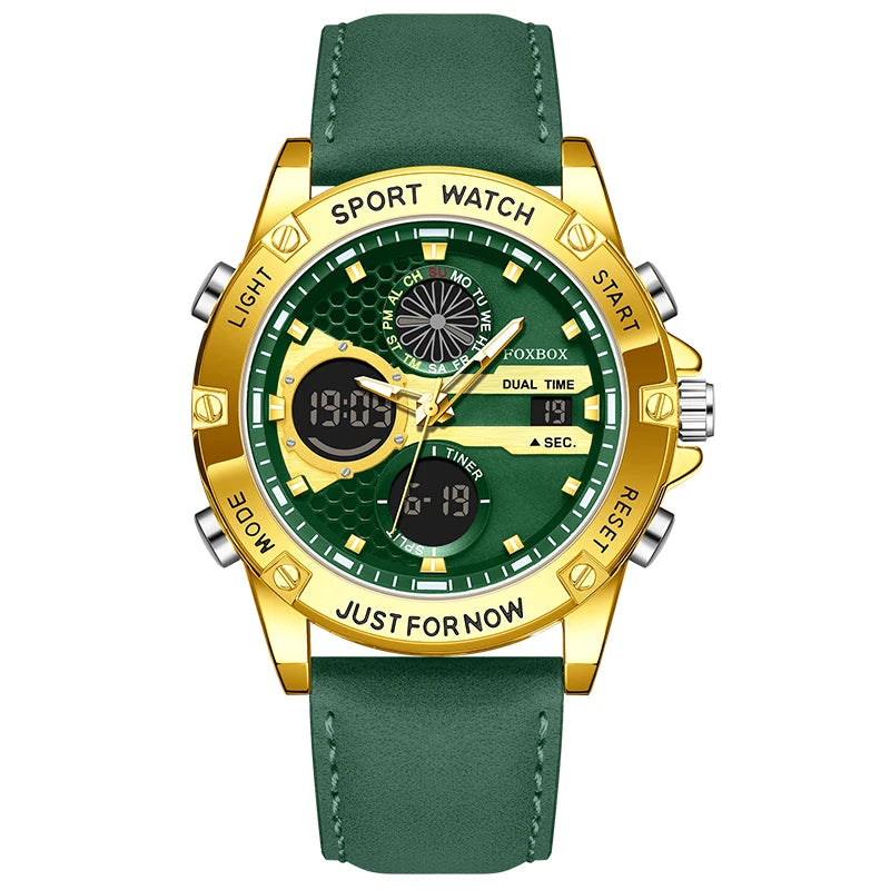 FOXBOX Fashion Men's Luxury Watch Leather Strap Quartz Watches Business Dual Display Waterproof Date Chronograph Man Watch+Box - Kimlud