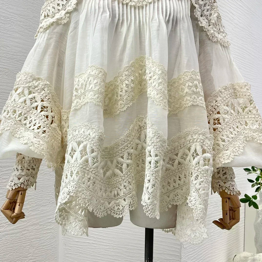Linen Silk High Quality New Arrivals Hollow Out Long Lantern Sleeve Braid Embroidery Women Vintage Loose Blouse Tops