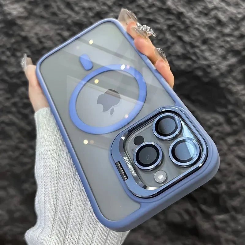 Luxury Magnetic Shockproof Phone Case For iPhone 15 14 13 12 11 16 17 Pro Max Plus 16E Funda Stand Glass Lens Protection Cover