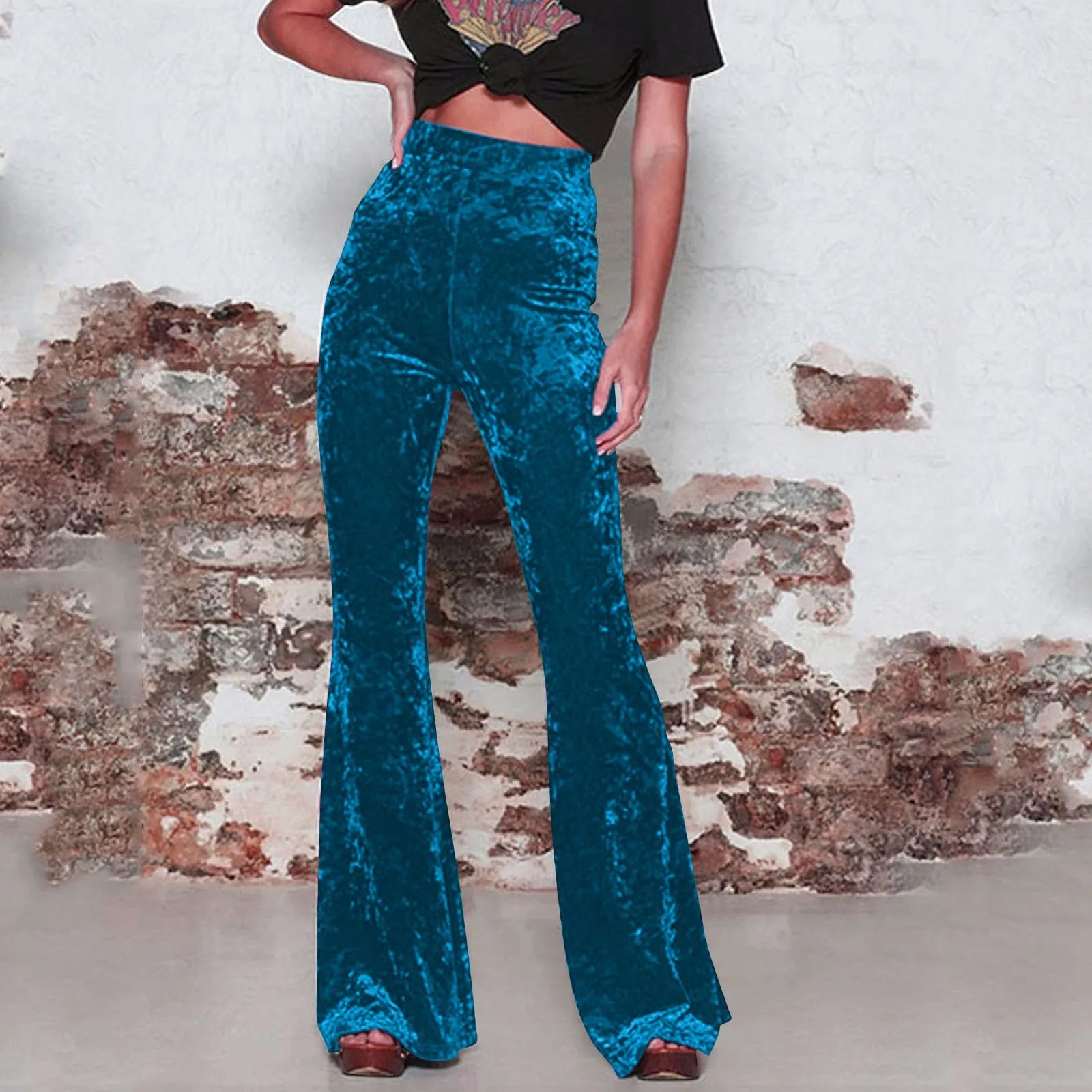 Vintage Velvet Flare Pants Women Sexy High Waist Floor-Length Trousers Lady Casual Velour Bell Bottom Pants Stretchy Retro Pant