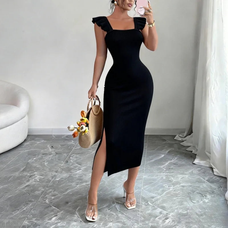 Women's Square Neck Ruffle Strap Sleeveless Side Slit Stretchy Ribbed Knit Bodycon Maxi Dress Party Wedding Long Dress Outfits
