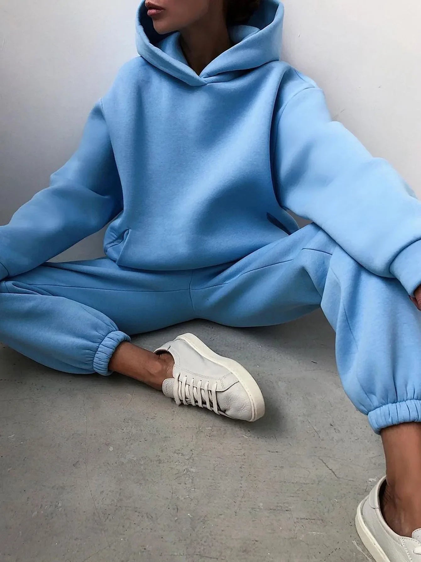 Women's Tracksuit Casual Solid Long Sleeve Hooded Sport Suits Autumn Warm Hoodie Sweatshirts and Long Pant Fleece Two Piece Sets
