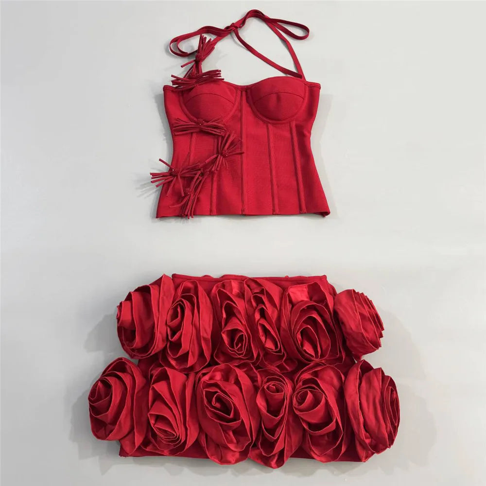 2025 New Arrival Fashion Flowers Women Sexy Halter Tops Mini Skirt Bandage Sets Bodycon Two Pieces Sets | Kimlud Premium...