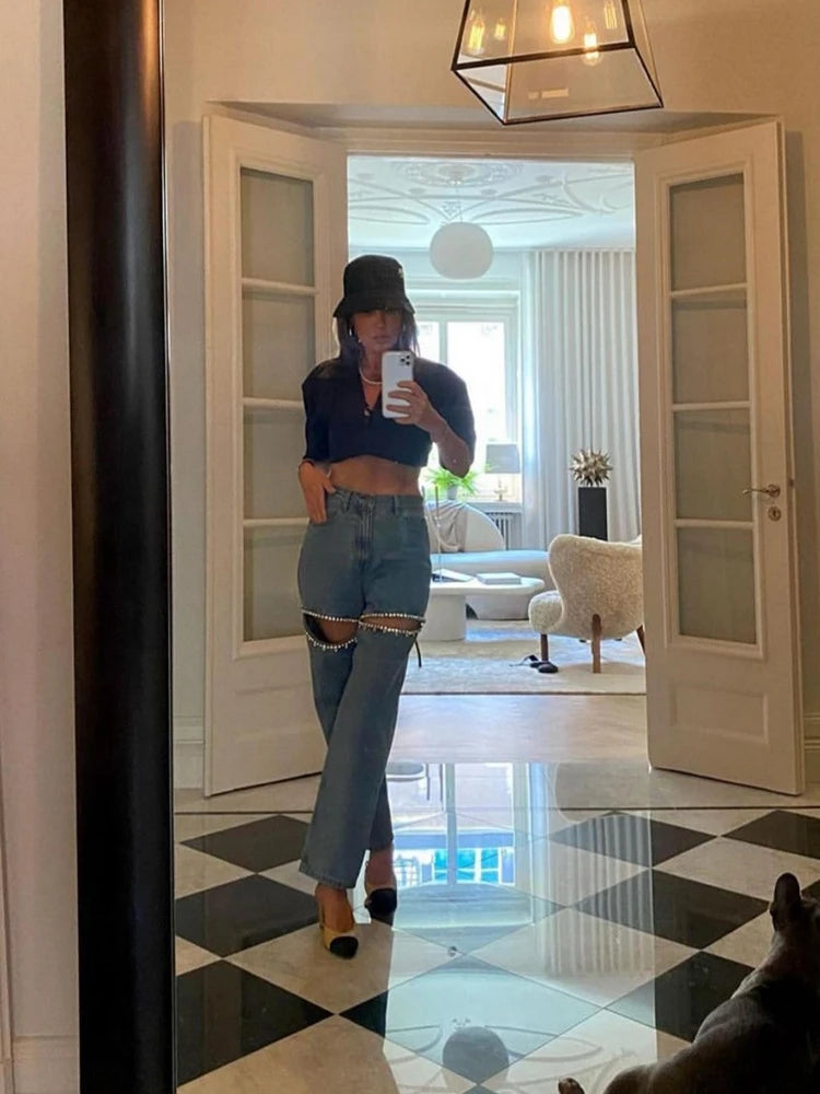Chic Women Hollowed Out Diamonds Beaded Holes Jeans Rhinestones Straight Denim Pants Crystals Cowboy Trousers Loose Pantalones - Kimlud
