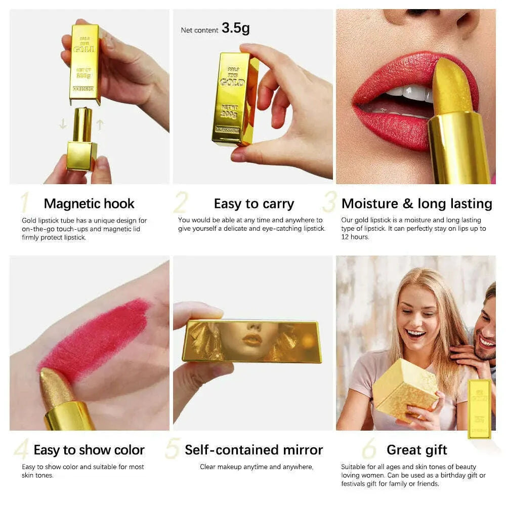 Hallowmas High-pigmented Gold Lipstick Shiny Metallic Matte Velvet Waterproof Long Lasting Sexy Gold Lip Gloss Women Lip Makeup