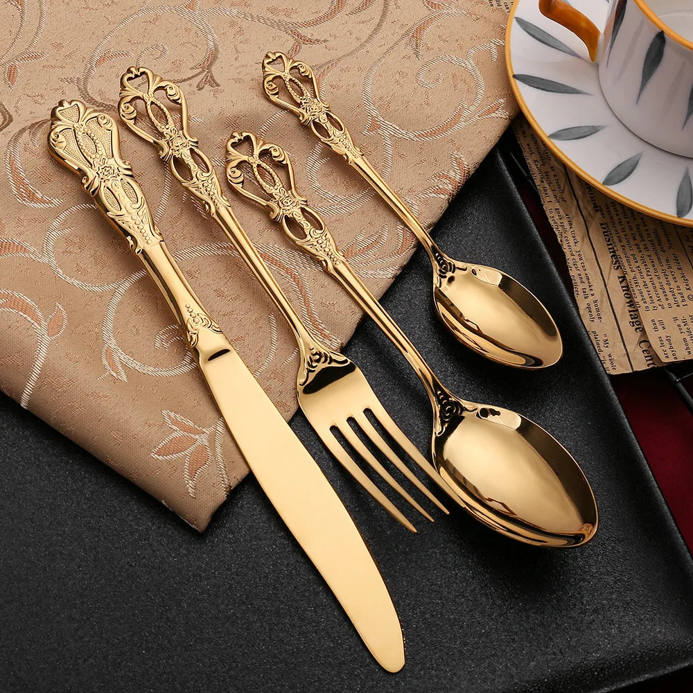 Golden Stainless Steel Cutlery Set Royal European Spoon Fork Complete Tableware Retro Design Dishwasher Safe Elegant...