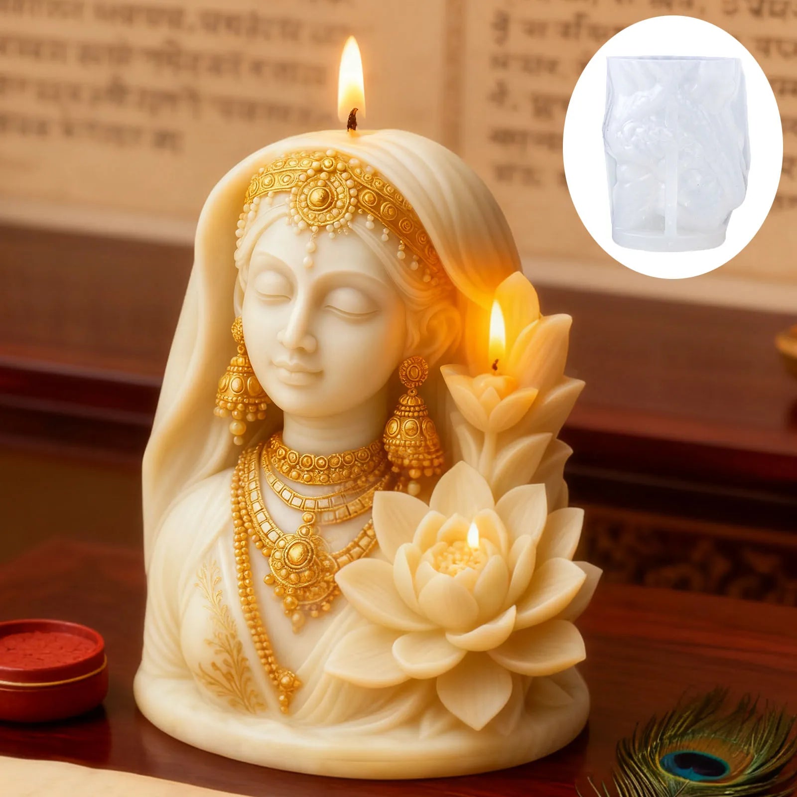 Lotus Goddess 3D Silicone Candle Mold: Flexible, non-stick, easy to demold, reusable, and with clear details.