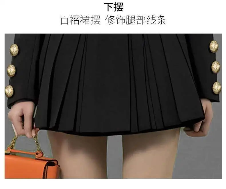 Luxury Quality 2025 Spring Autumn Single Breasted Golden Button Long Full Sleeve Blazer Suit Coat Pleated Short Dresses Women