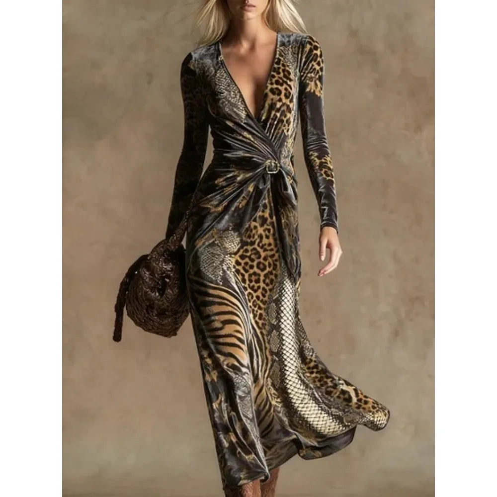 Sexy Leopard Print Velvet Maxi Dress Women Long Sleeve V Neck Twist Front Elegant Cocktail Party Dress Vacation Evening Dress