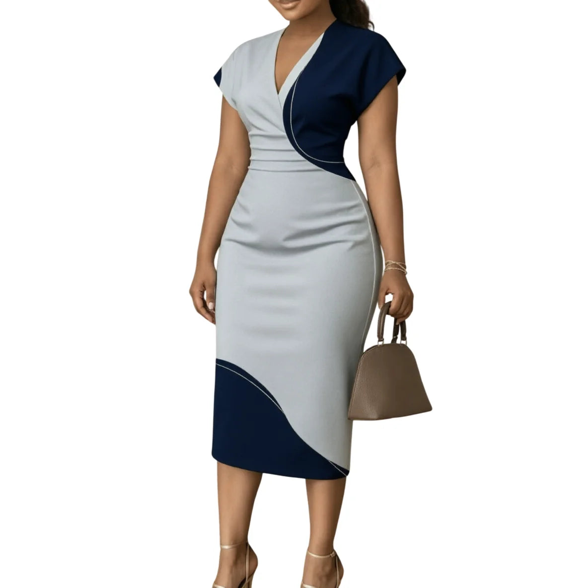 Colorblock Work Office Dress Women V Neck Cap Sleeve Ruched Waist Bodycon Midi Pencil Dress Elegant Casual Party Evening Dresses