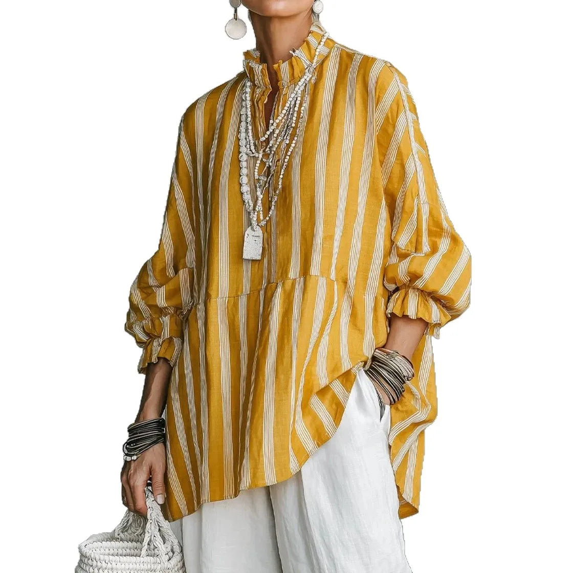 Women Stripes Print Blouse Autumn Casual Stand Collar Long Sleeve Top Simple Lady Blouses Streetwear Loose Harajuku...