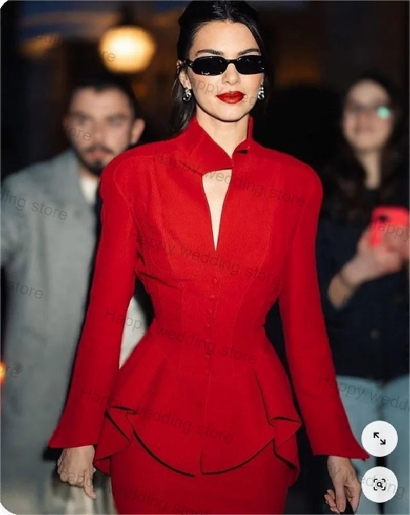 Red Formal Women Suit Skirt Set 2 Piece Blazer+Mini Short Prom Dress Business Office Lady Cotton V Neck Coat Jacket Customized