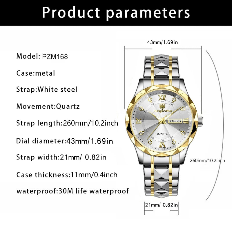 POEDAGAR Luxury Man Watch 5ATM Waterproof Luminous Date Week Quartz Men's Watches Stainless Steel Fashion Sport Men Wristwatch