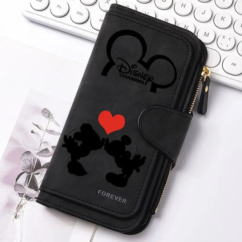 Mickey Minnie Lady Long Zip Wallet Buckle Tote Bag Coin Purse Soft PU Leather Multi-functional Card Holder Casual Daily