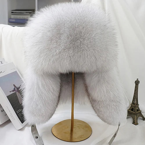 Natural Raccoon Fur Hat Women Black Fox Fur Russian Ushanka Hats Winter Warm Ears Bomber Cap