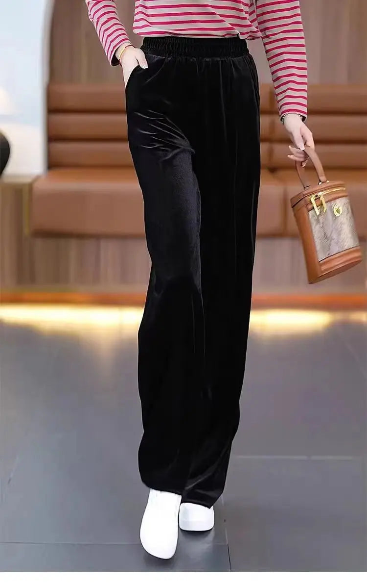 Korean Fashion Women Pleuche Pants Autumn Winter Elastic High Waist Solid Pockets Loose Office Lady Straight Wide Leg Trousers
